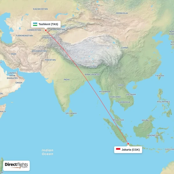 Jakarta - Tashkent direct flight map
