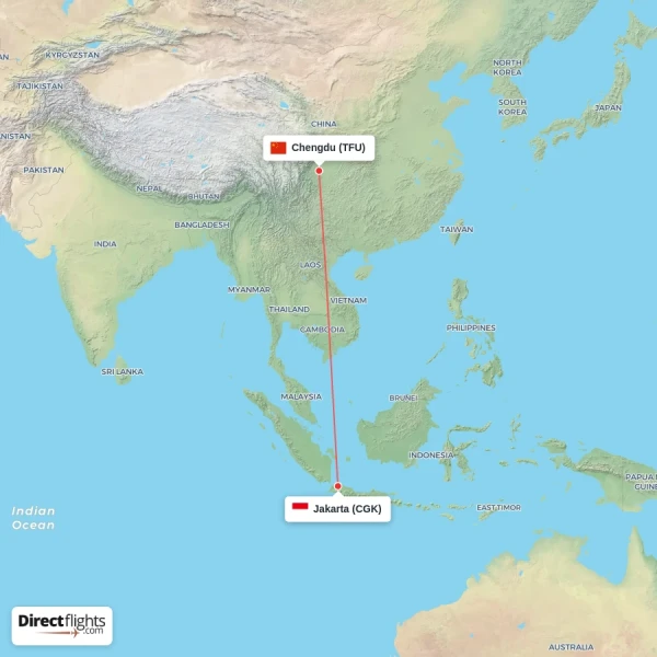 Jakarta - Chengdu direct flight map