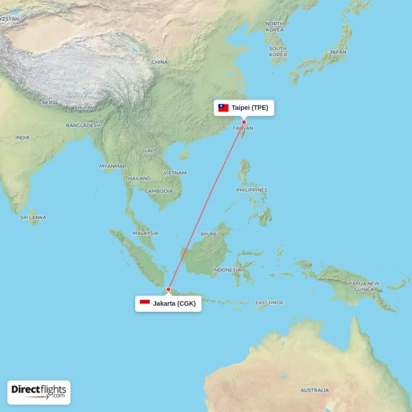 Jakarta - Taipei direct flight map