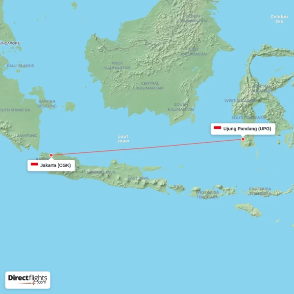Jakarta - Ujung Pandang direct flight map
