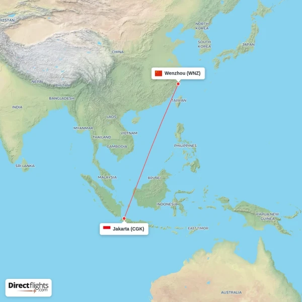 Jakarta - Wenzhou direct flight map