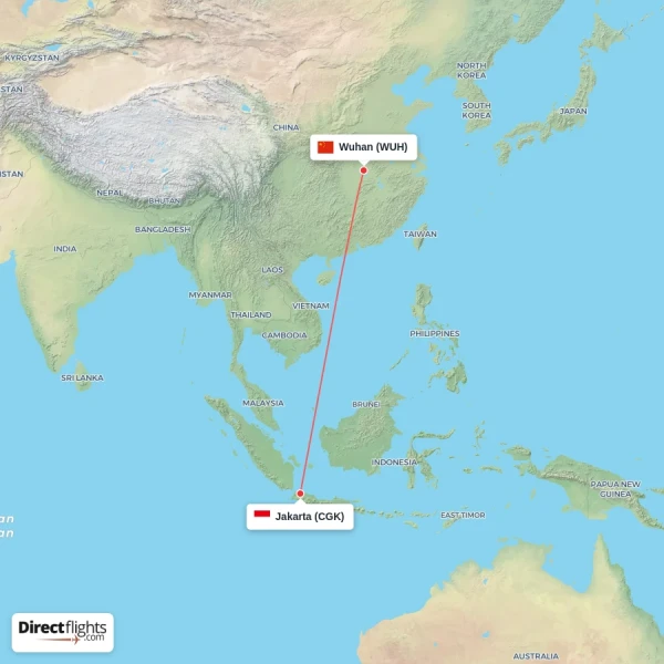 Jakarta - Wuhan direct flight map