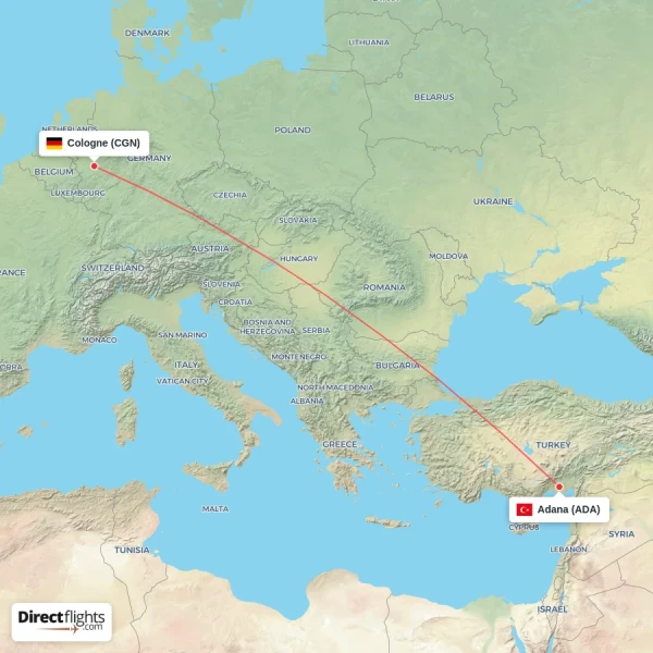 Cologne - Adana direct flight map