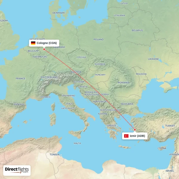 Cologne - Izmir direct flight map