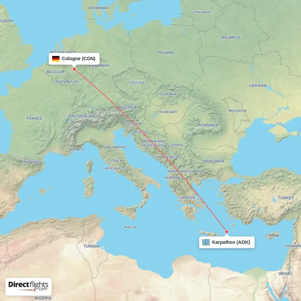 Cologne - Karpathos direct flight map