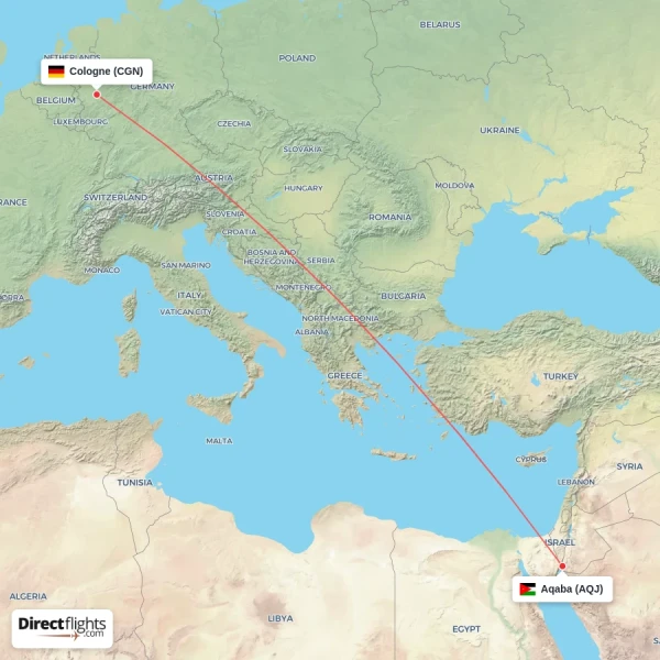 Cologne - Aqaba direct flight map