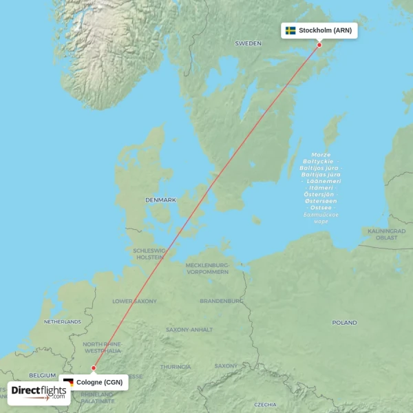 Cologne - Stockholm direct flight map
