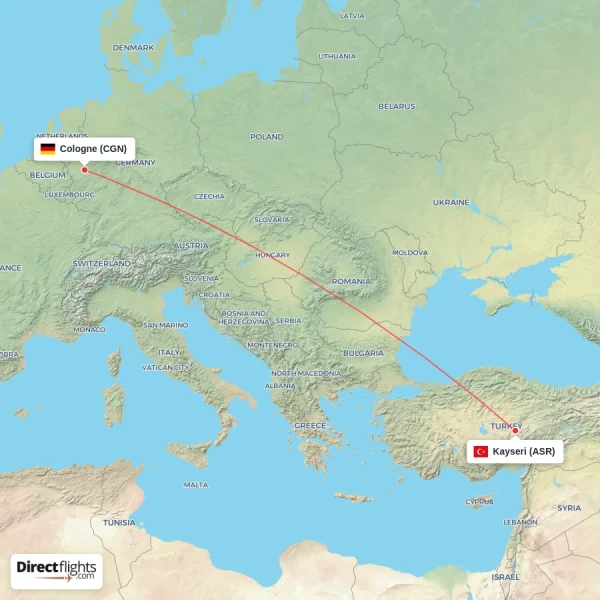 Cologne - Kayseri direct flight map