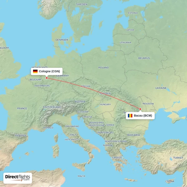 Cologne - Bacau direct flight map