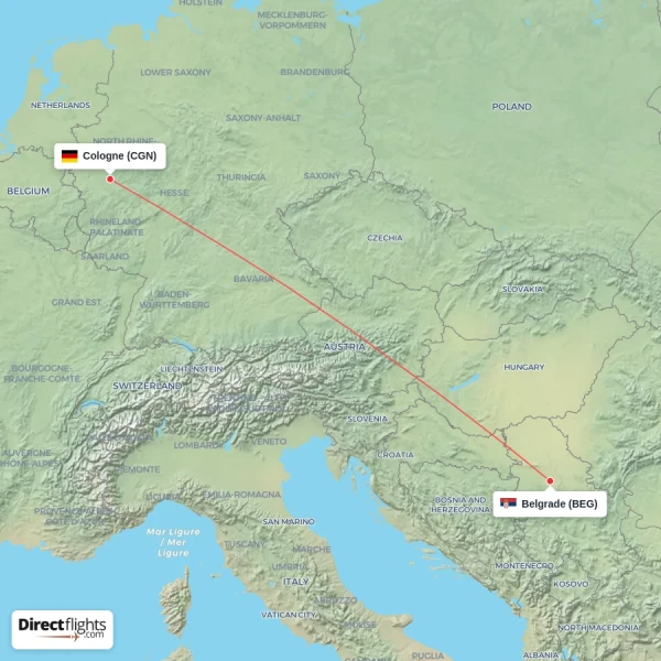 Cologne - Belgrade direct flight map