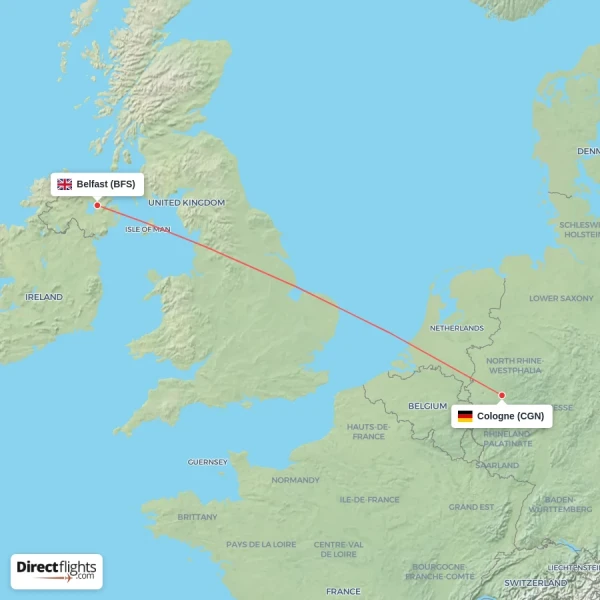 Cologne - Belfast direct flight map