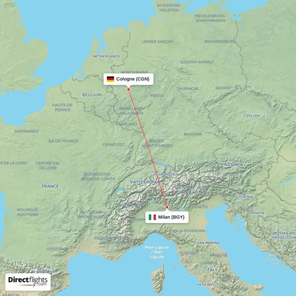 Cologne - Milan direct flight map