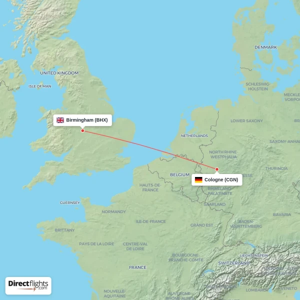 Cologne - Birmingham direct flight map