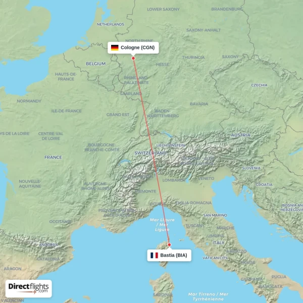 Cologne - Bastia direct flight map