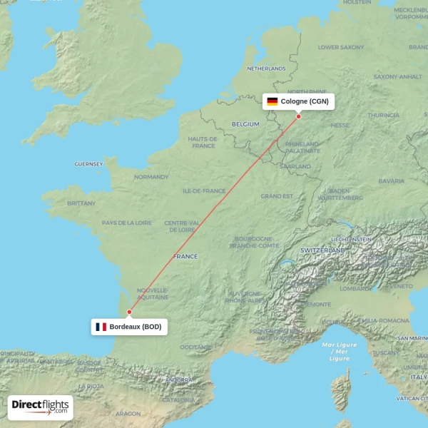 Cologne - Bordeaux direct flight map