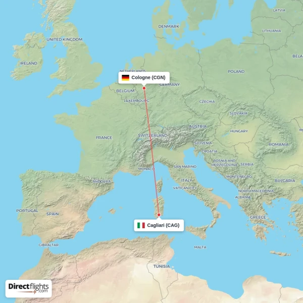 Cologne - Cagliari direct flight map