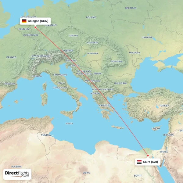 Cologne - Cairo direct flight map