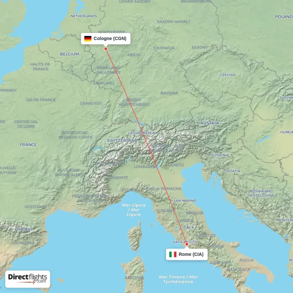 Cologne - Rome direct flight map