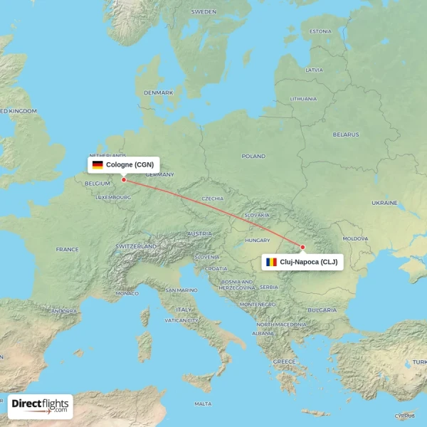 Cologne - Cluj-Napoca direct flight map