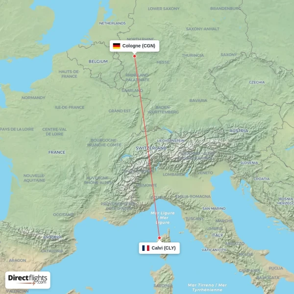 Cologne - Calvi direct flight map