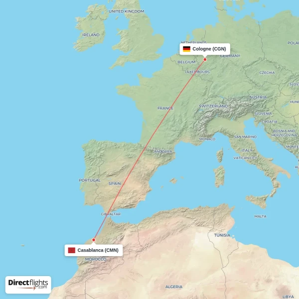 Cologne - Casablanca direct flight map