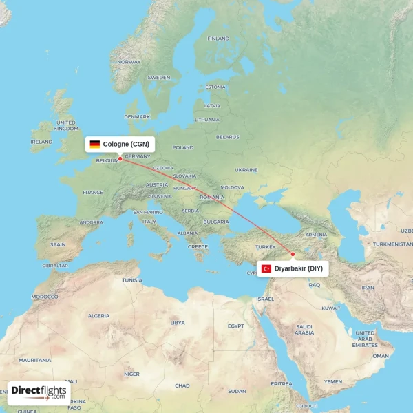 Cologne - Diyarbakir direct flight map