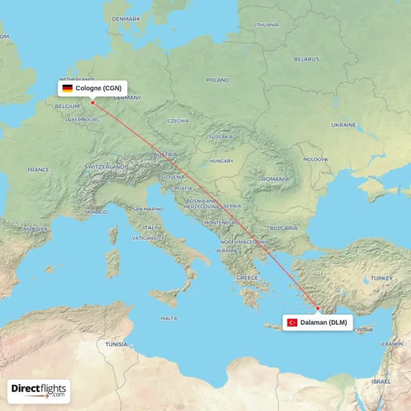Cologne - Dalaman direct flight map