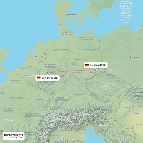 Cologne - Dresden direct flight map