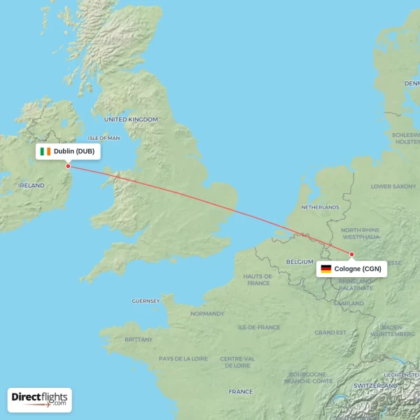 Cologne - Dublin direct flight map