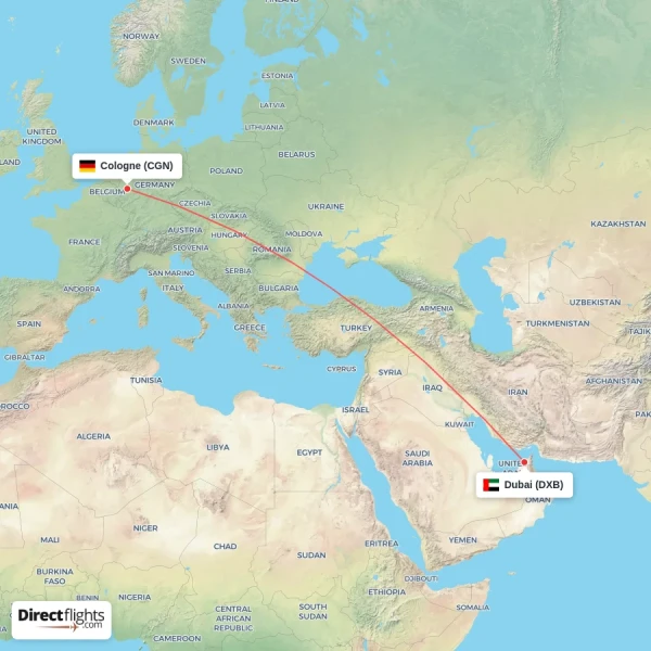 Cologne - Dubai direct flight map