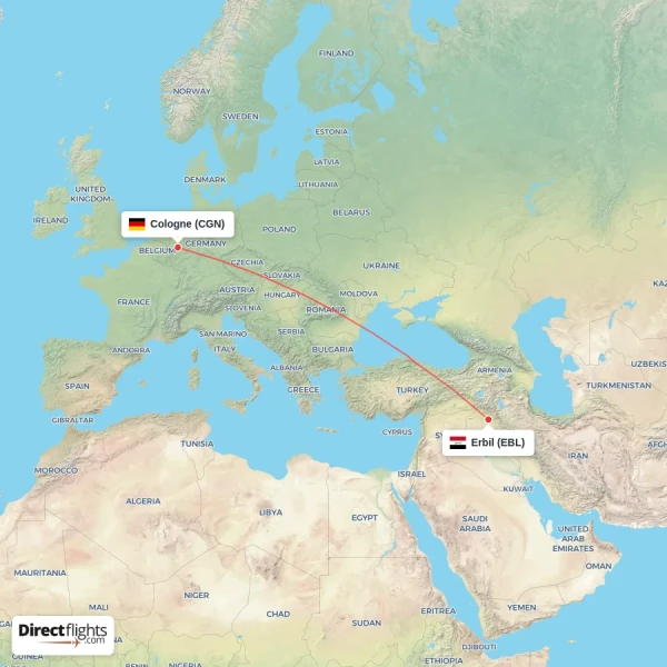 Cologne - Erbil direct flight map