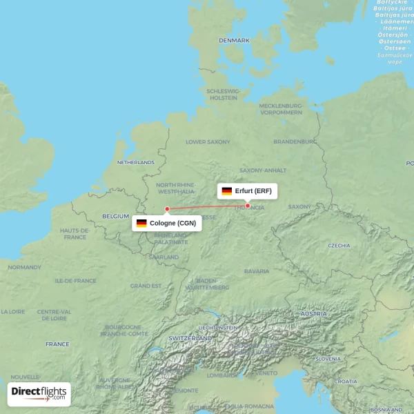 Cologne - Erfurt direct flight map