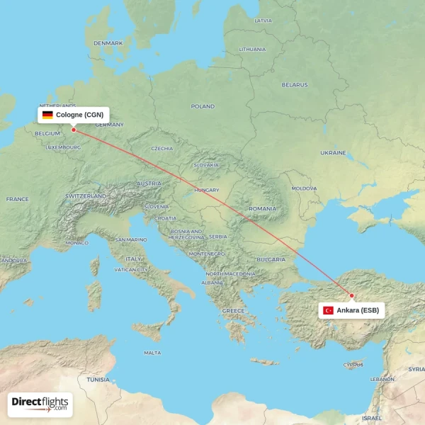 Cologne - Ankara direct flight map
