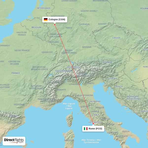 Cologne - Rome direct flight map