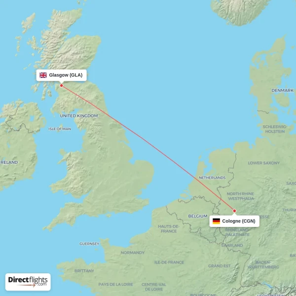 Cologne - Glasgow direct flight map