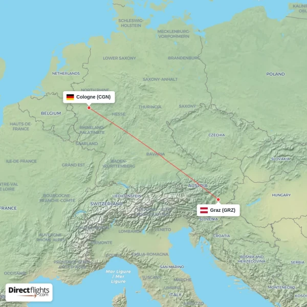 Cologne - Graz direct flight map
