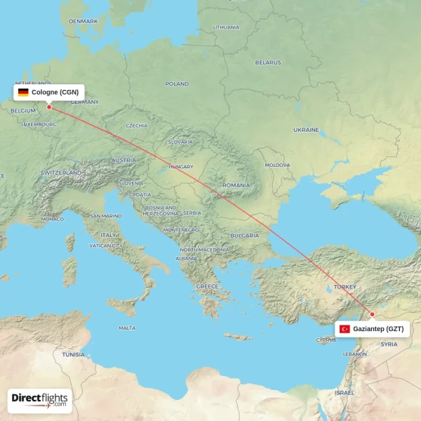 Cologne - Gaziantep direct flight map