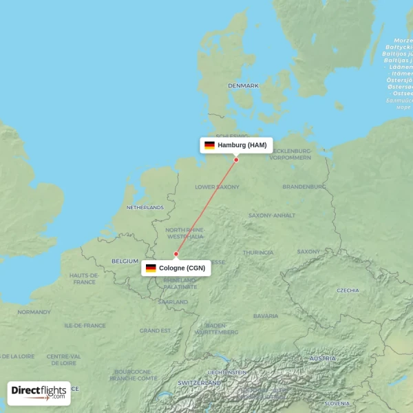 Cologne - Hamburg direct flight map