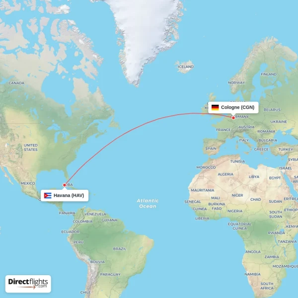 Cologne - Havana direct flight map