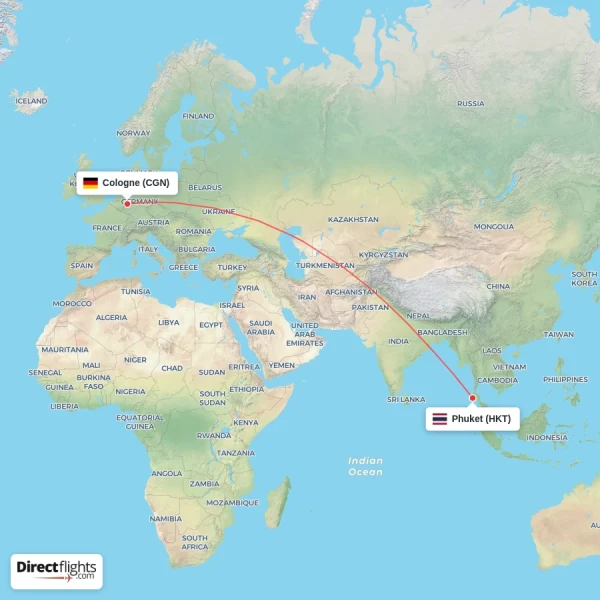 Cologne - Phuket direct flight map