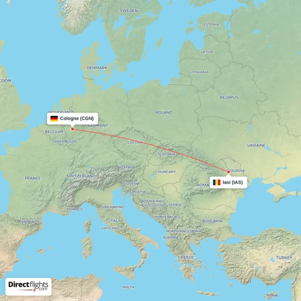 Cologne - Iasi direct flight map