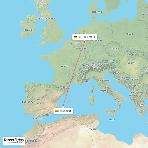 Cologne - Ibiza direct flight map