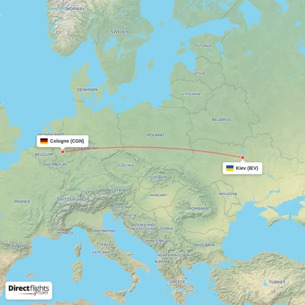 Cologne - Kiev direct flight map