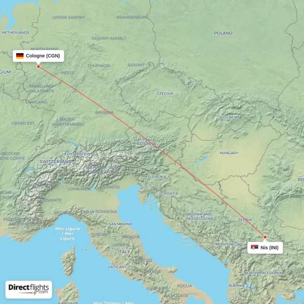 Cologne - Nis direct flight map