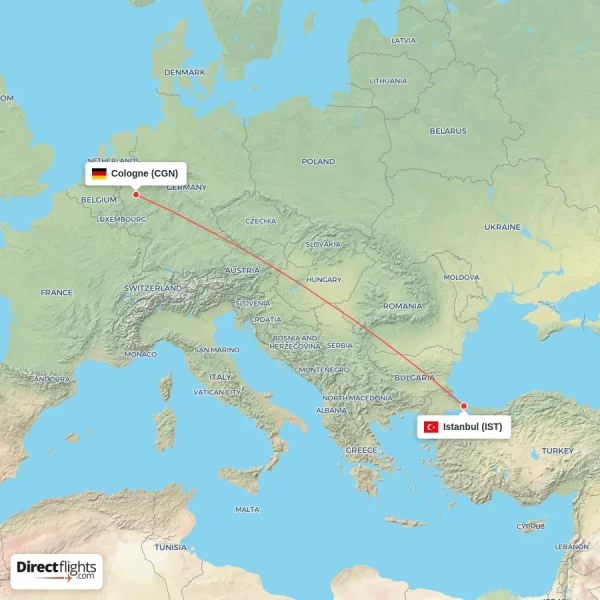 Cologne - Istanbul direct flight map