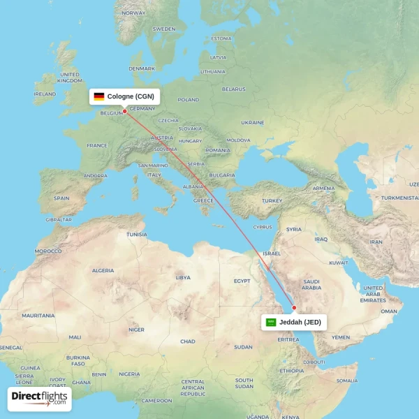 Cologne - Jeddah direct flight map