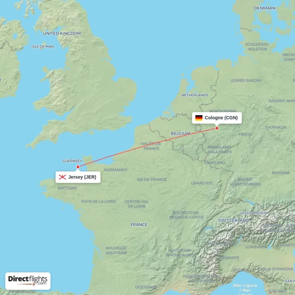 Cologne - Jersey direct flight map