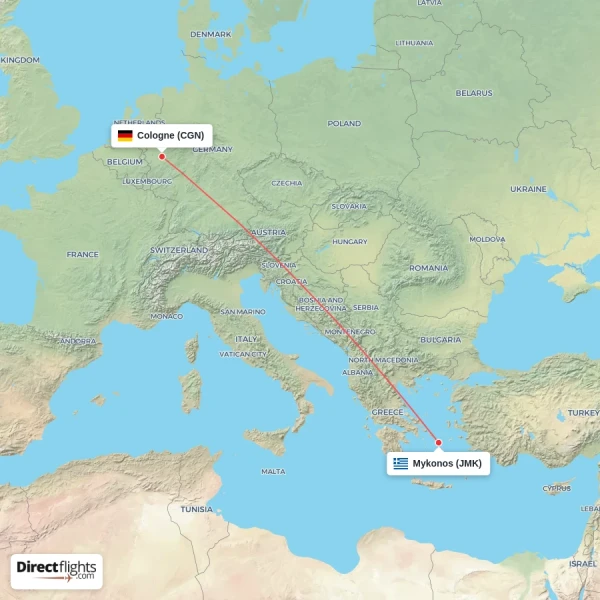 Cologne - Mykonos direct flight map