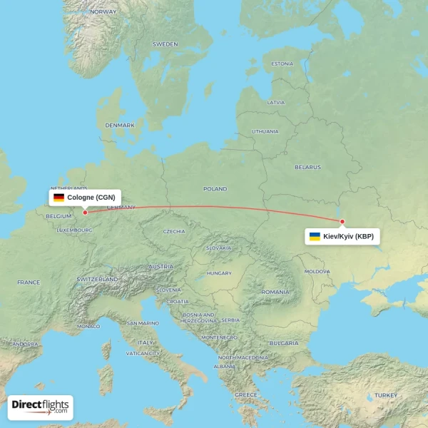 Cologne - Kiev/Kyiv direct flight map