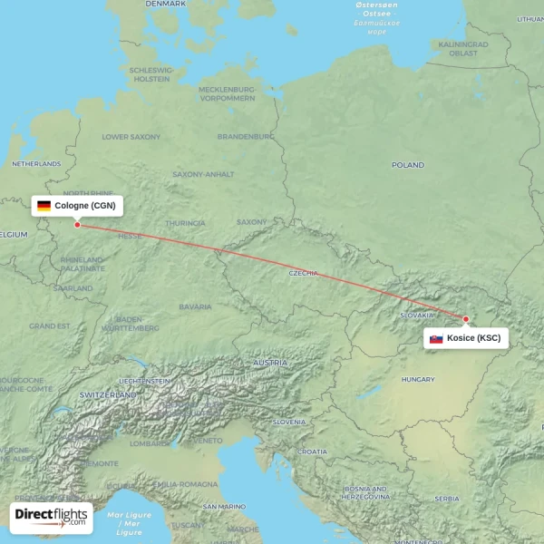 Cologne - Kosice direct flight map